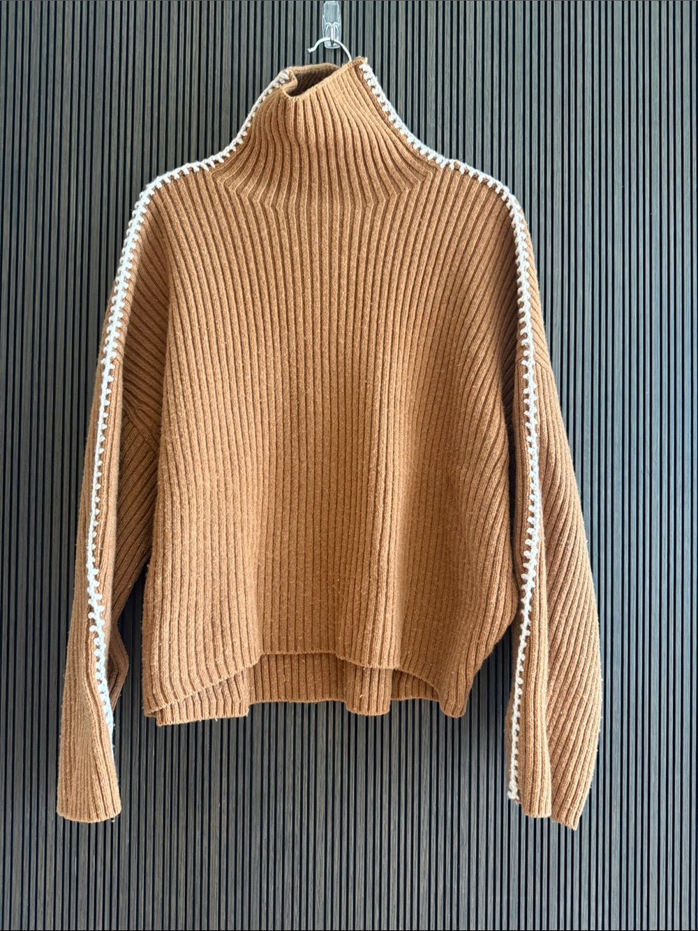 Rag and bone wool Women's Ribbed Mock Neck Sweater in Camel with White Trim